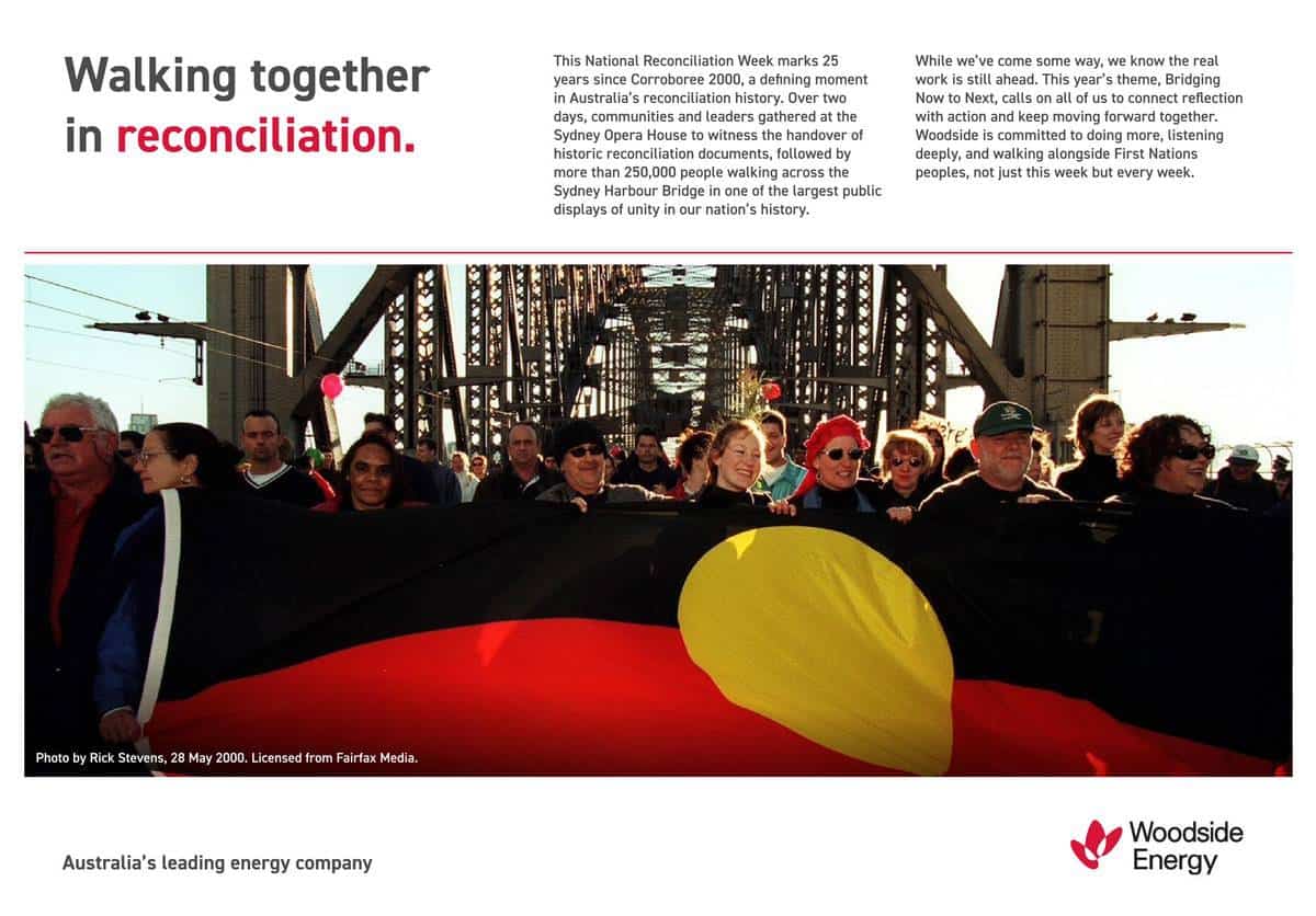 People walking together on Sydney Harbour Bridge for reconciliation.