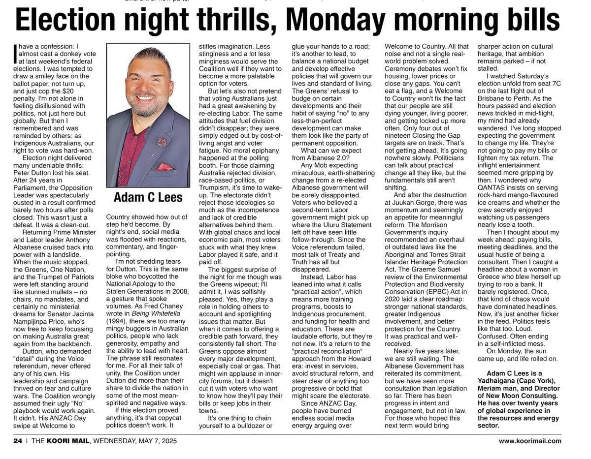 Newspaper article discussing Australian election results and reactions.