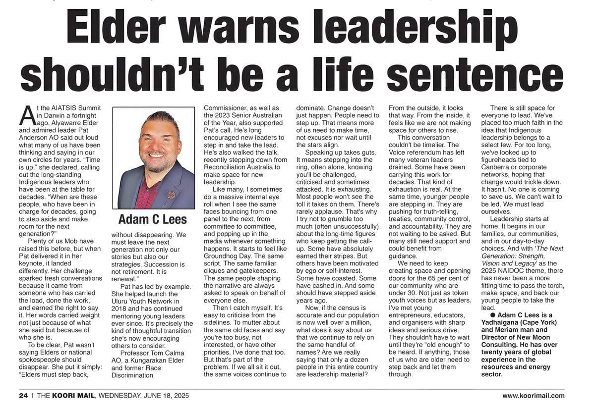 Article discussing leadership transition advice from an elder.