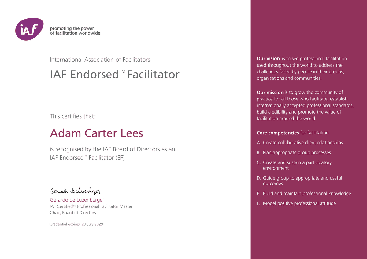 IAF Endorsed Facilitator certification certificate document